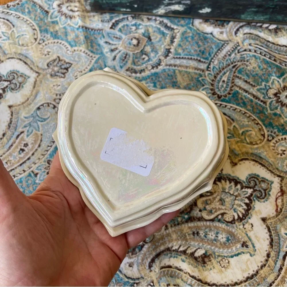 Lusterware Heart Trinket Box Vintage Porcelain Yellow Rose Jewelry Box